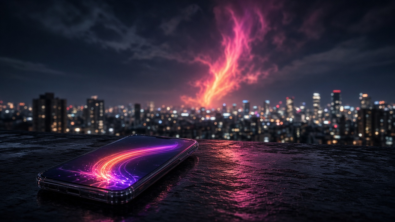 City rooftop night scene with a rising neon streak