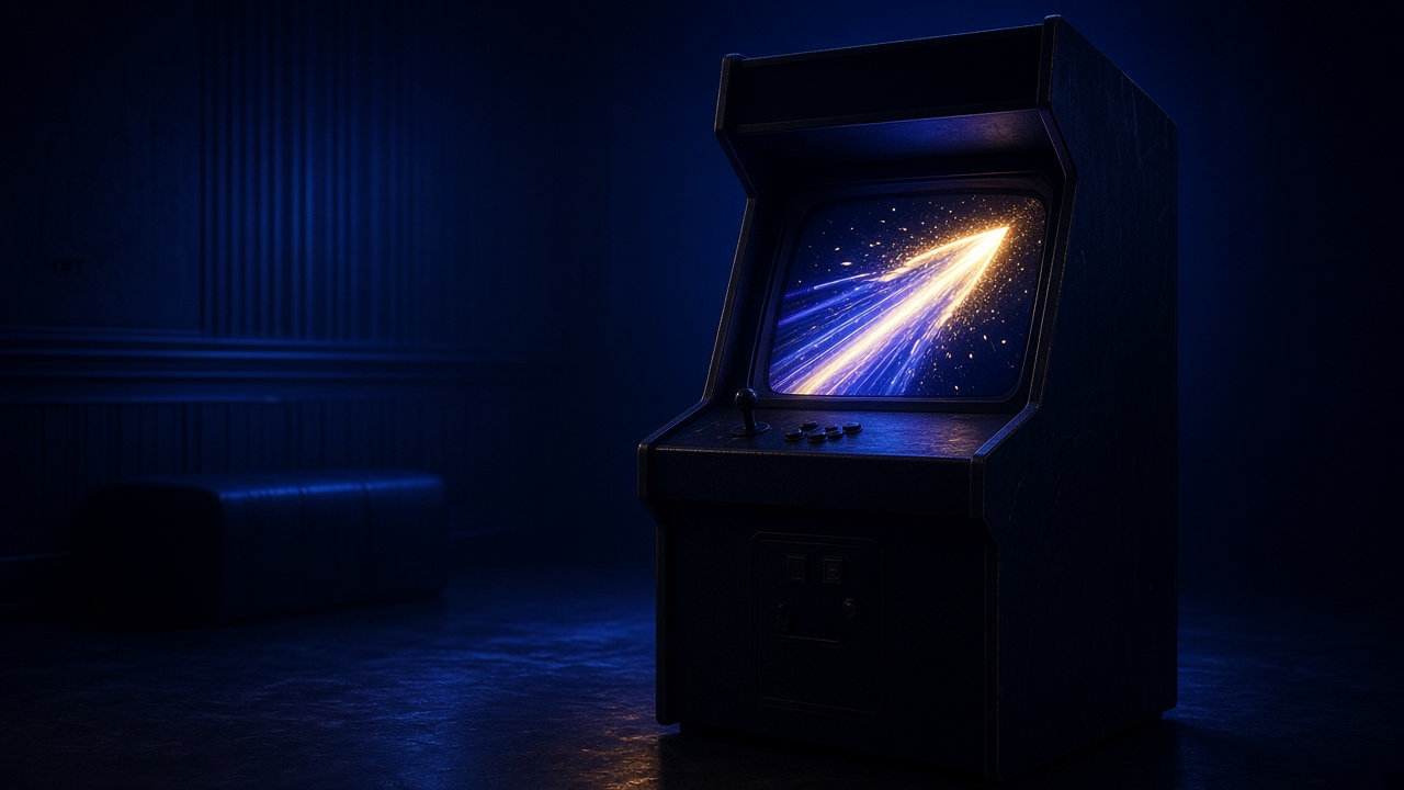 Arcade cabinet with a rocket-shaped light trail