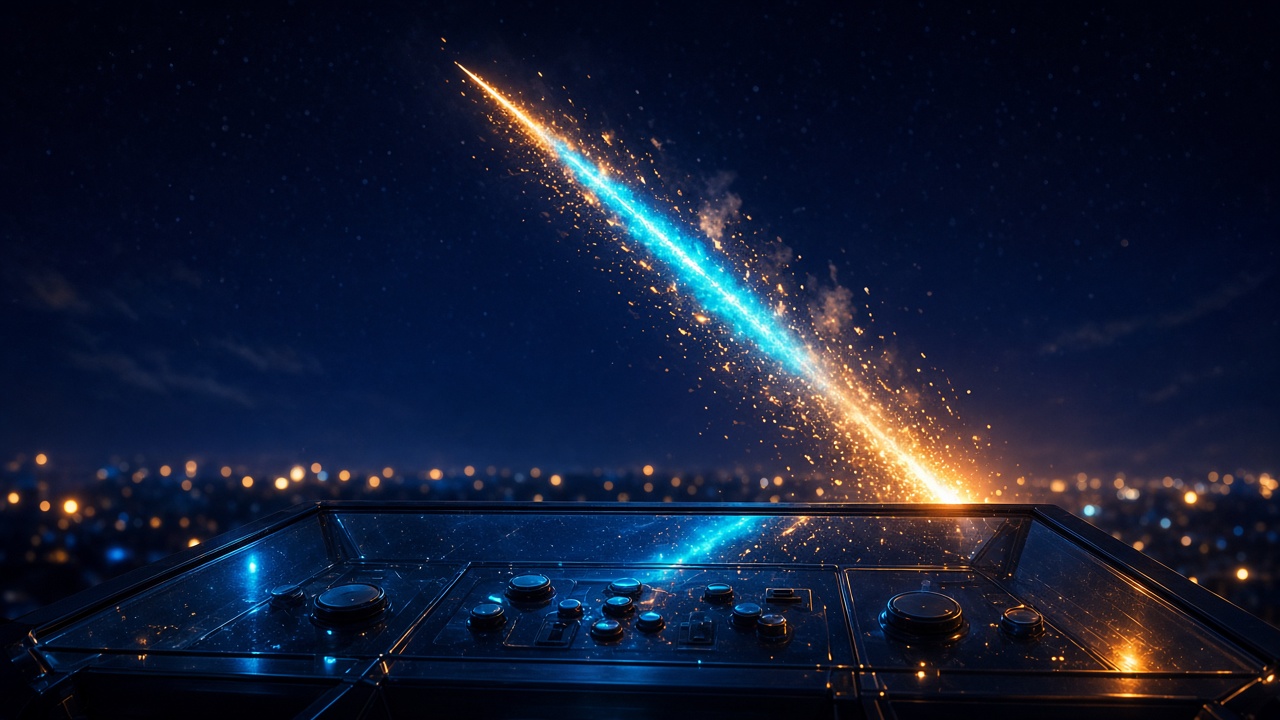 Neon crash-style streak above a dark control console