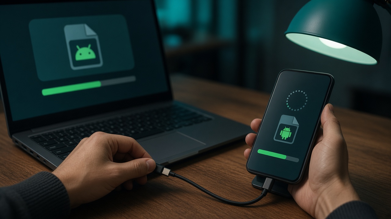 Laptop transferring a file to an Android phone