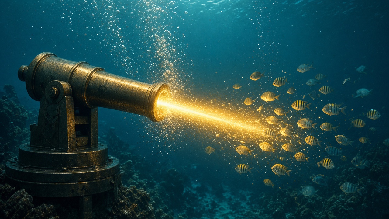 Underwater arcade scene with colorful fish and a gold spotlight