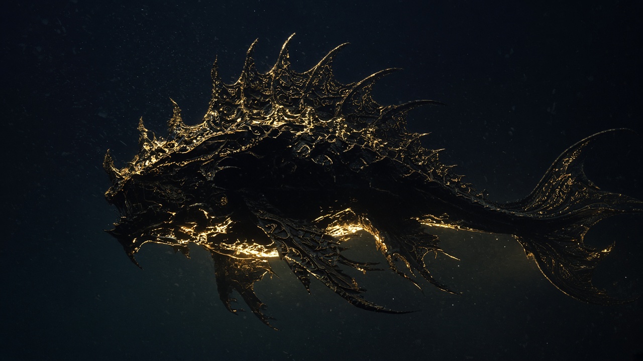 Large ornate fish silhouette in dark water