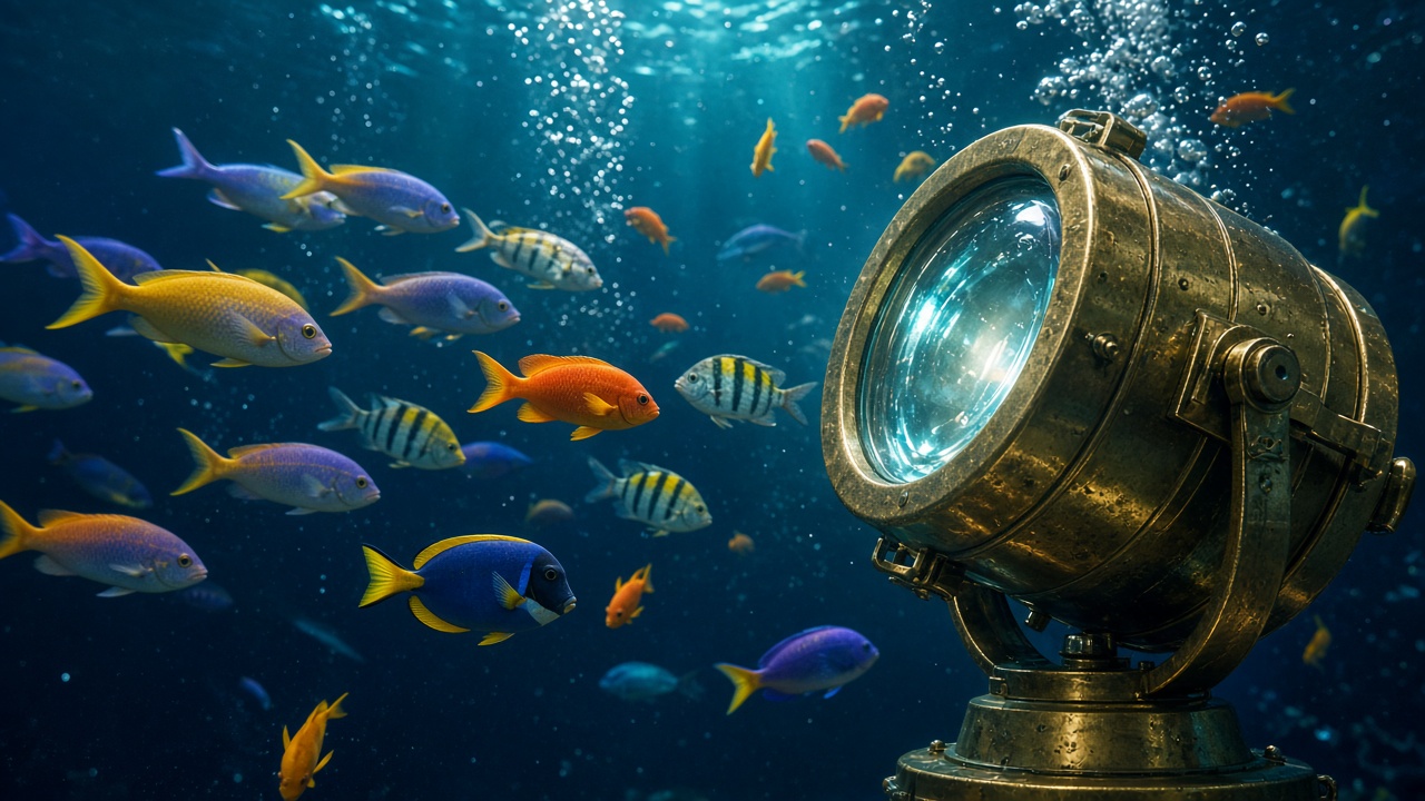 Underwater arcade scene with colorful fish and a gold spotlight
