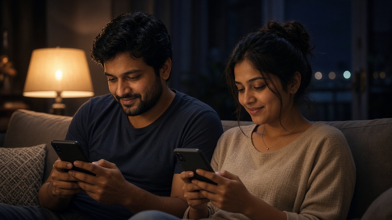 Friends playing on phones in a late-evening living room