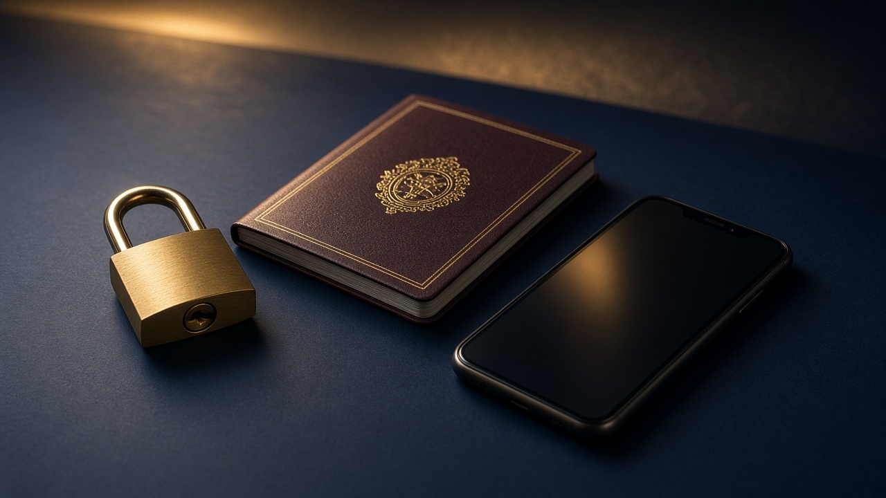 Padlock, passport and phone on a navy desk