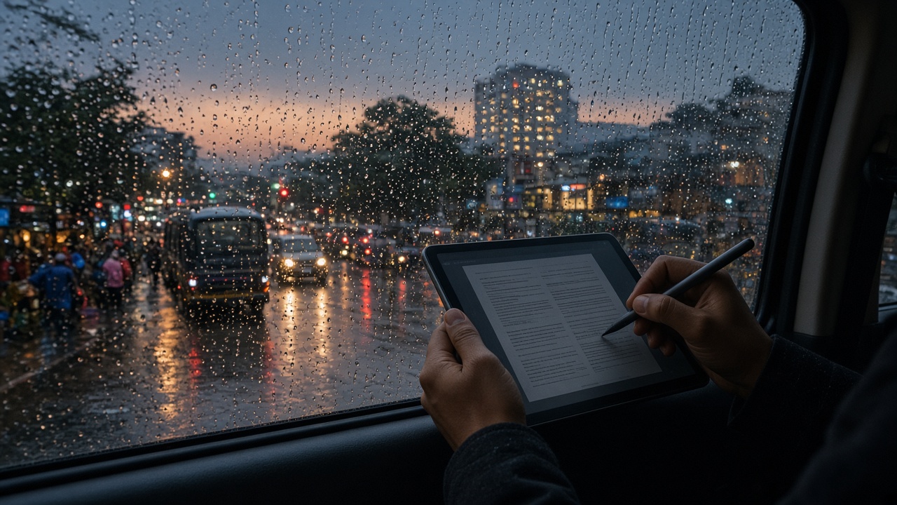 Person reviewing a document on a tablet by a rainy window