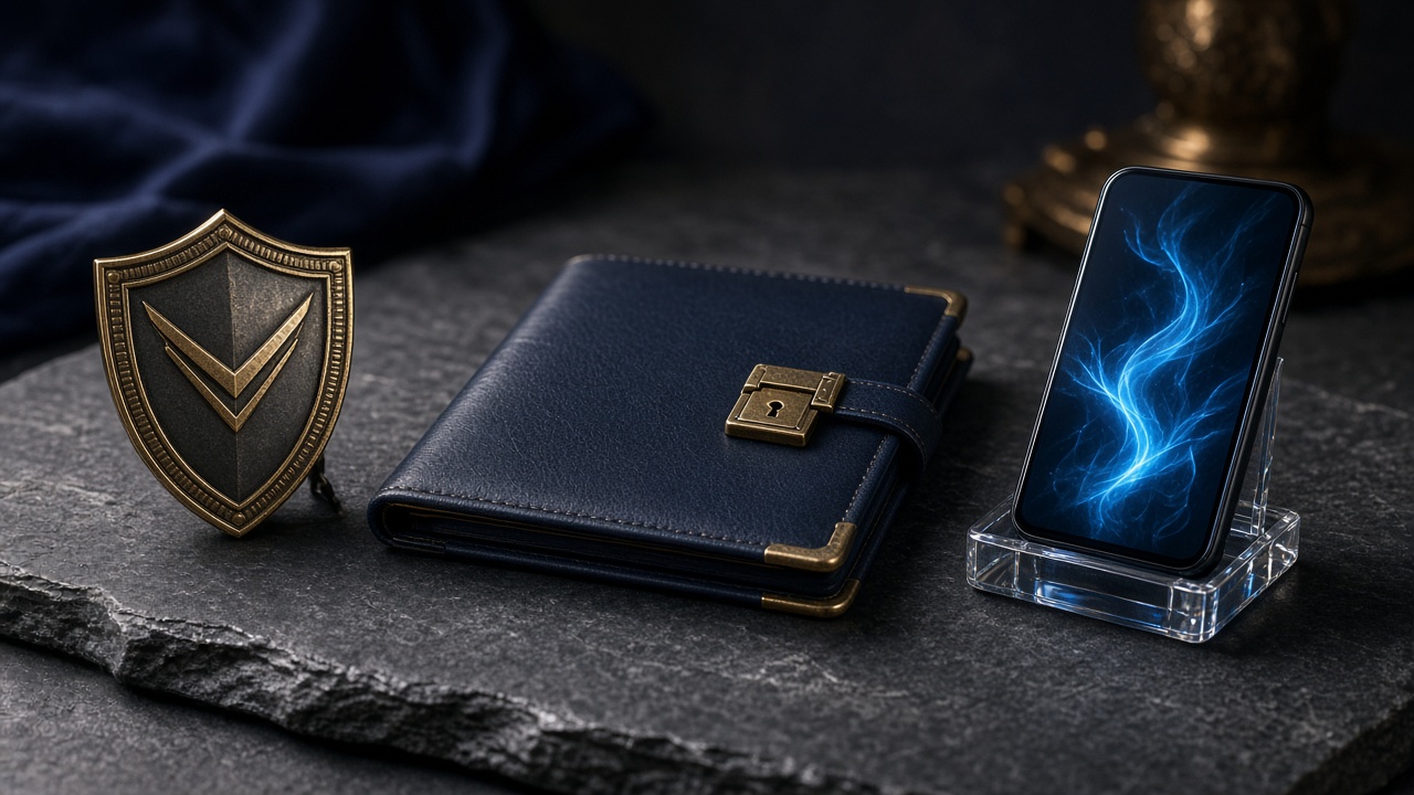 Navy and gold trust still life with a shield paperweight