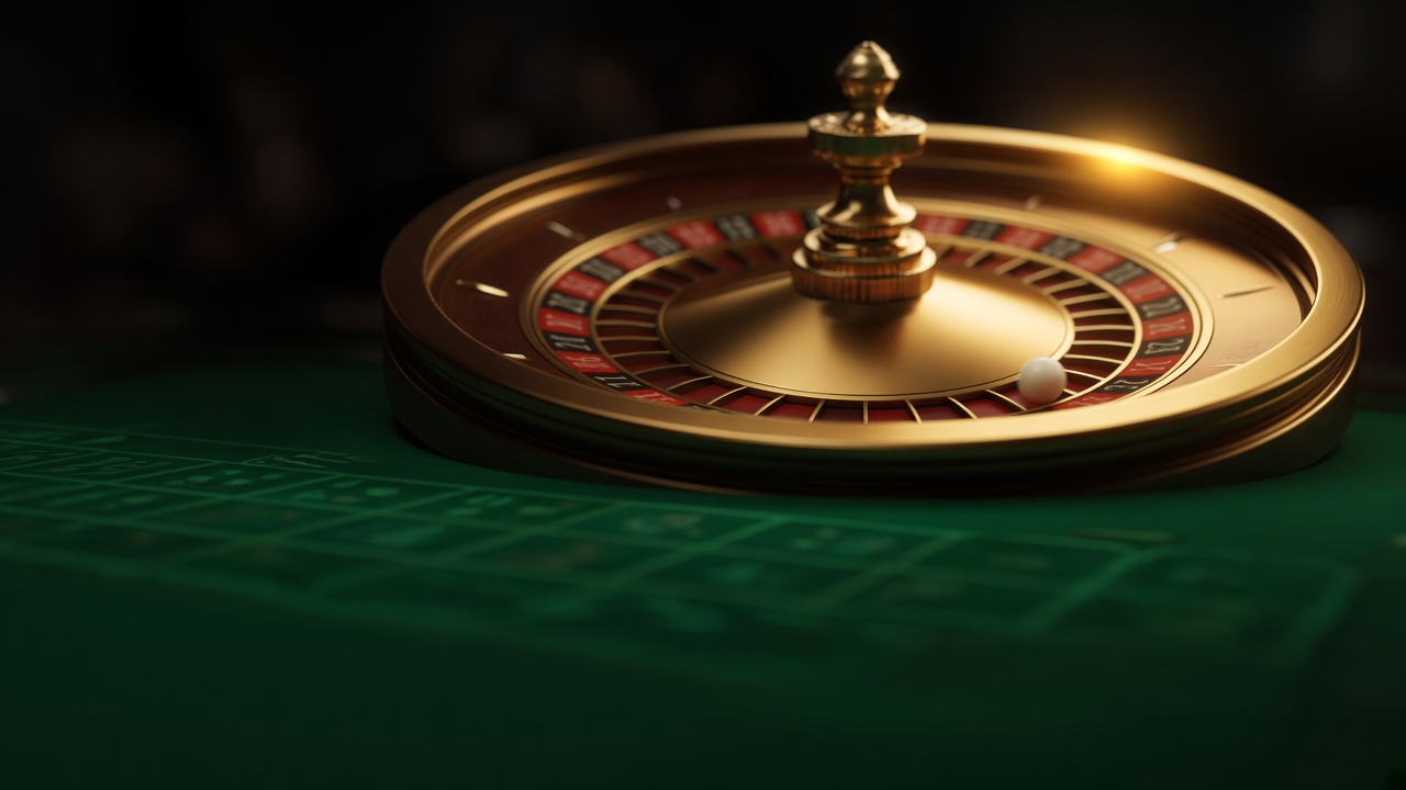 Roulette wheel spinning under a gold spotlight
