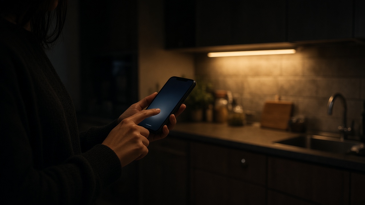 Person unlocking a phone in a dim kitchen