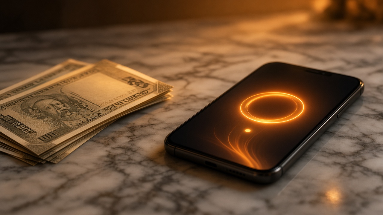 Indian notes beside a phone with a payment glow