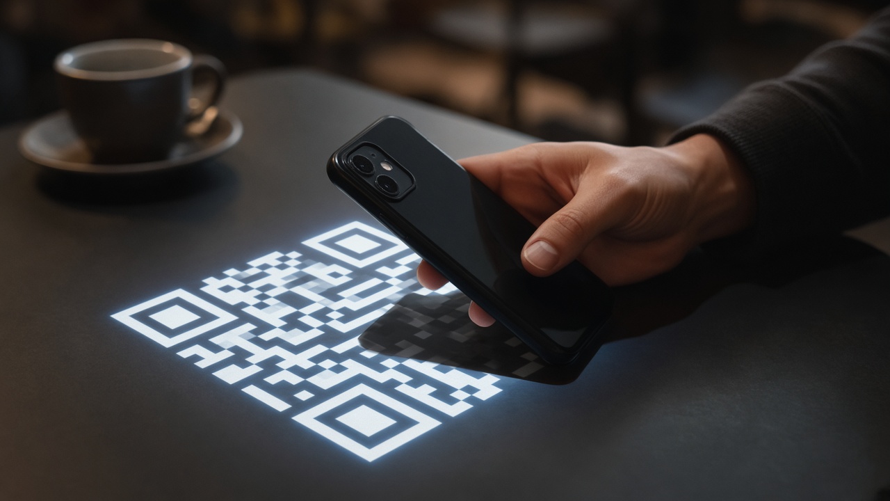 Phone held over a cafe-table scan frame
