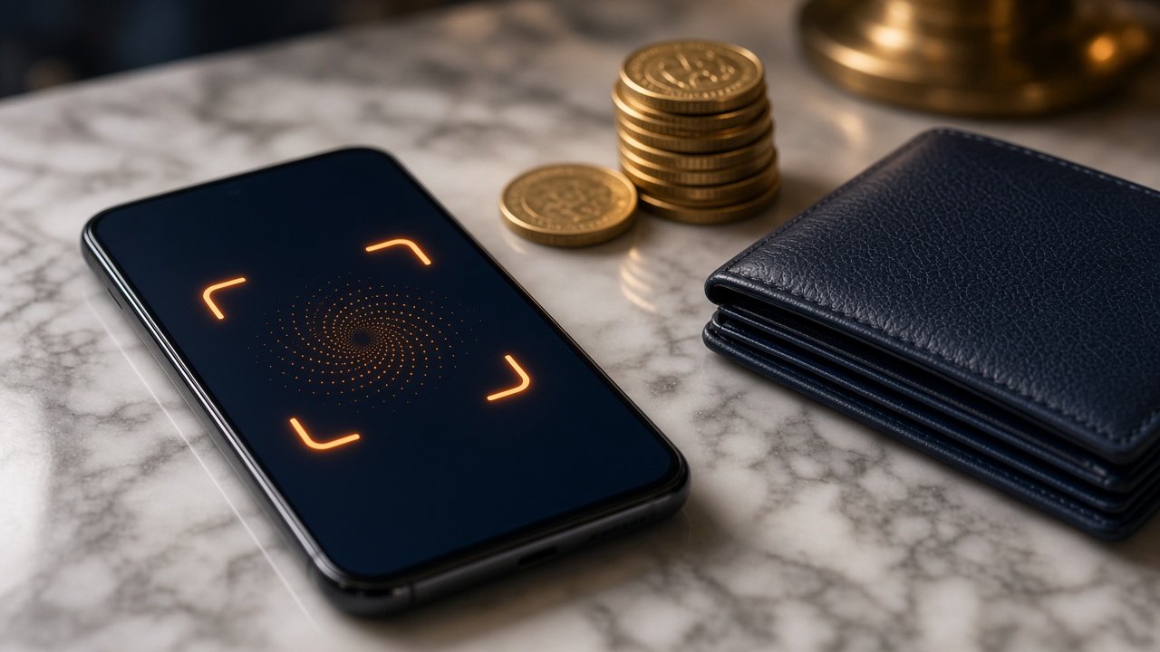 Indian digital payment still life with a phone and wallet