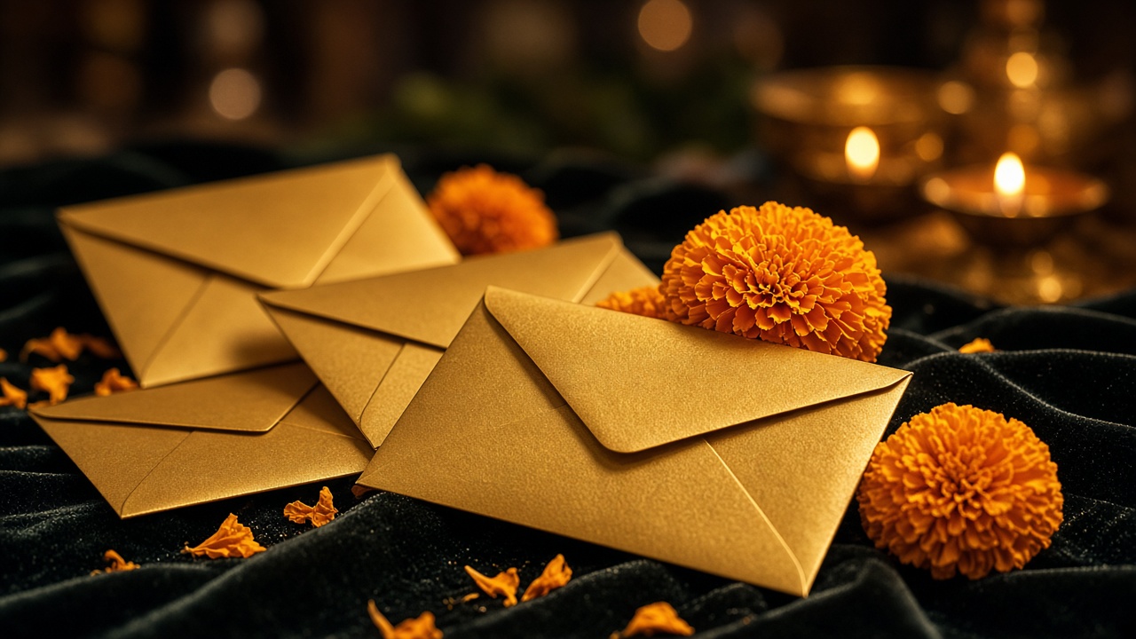 Gold envelopes and marigold flowers on velvet