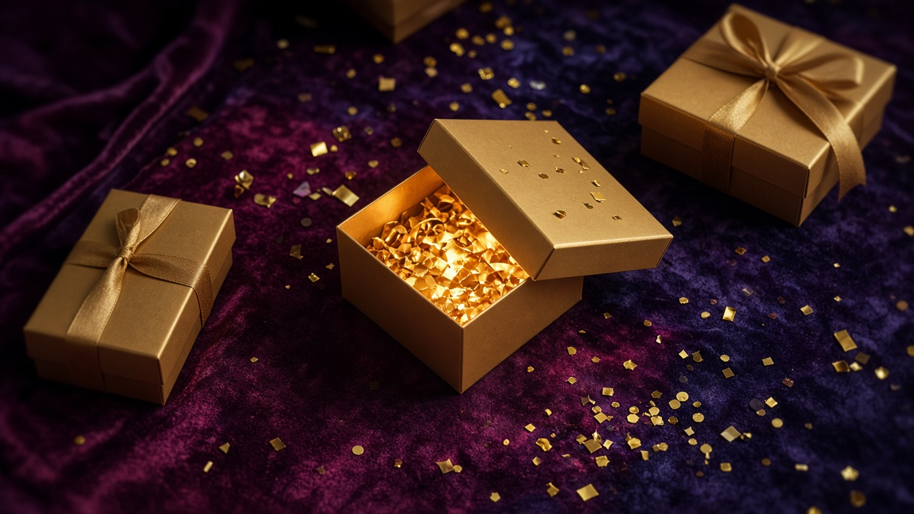 Gold gift boxes and confetti on dark velvet