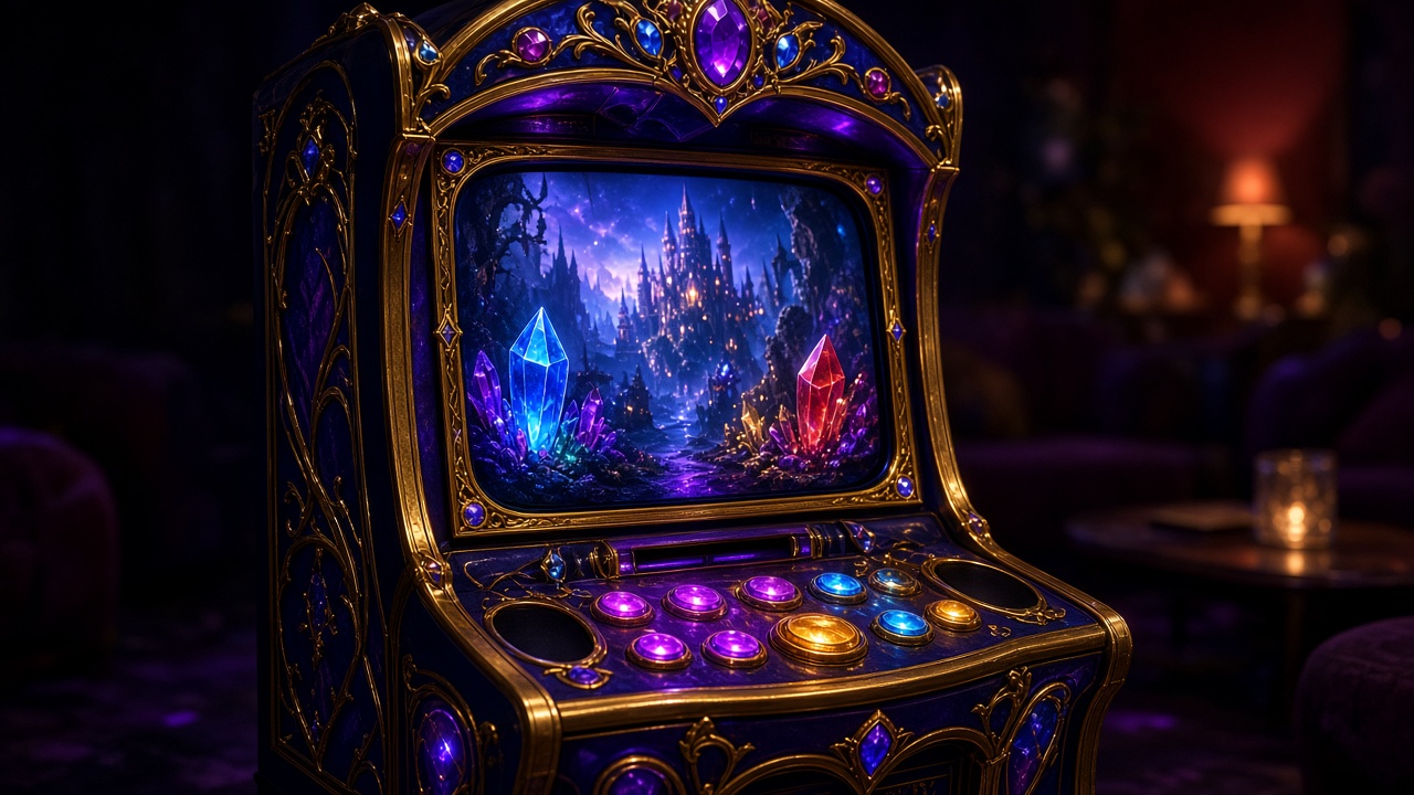 Fantasy slot cabinet glowing in a dark lounge
