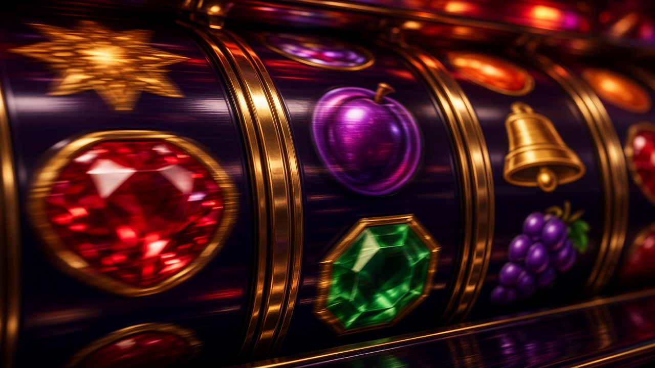 Jewel-toned slot reels with fruit and gem symbols