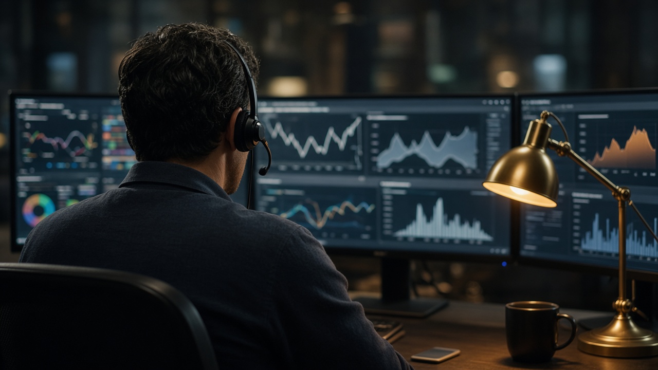 Support desk with headset and dark monitors
