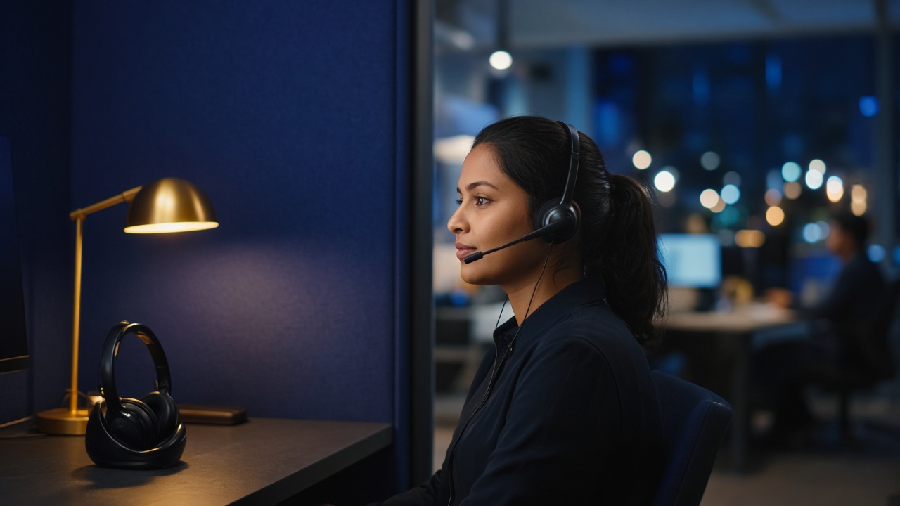 Headset on a gold-lit support desk