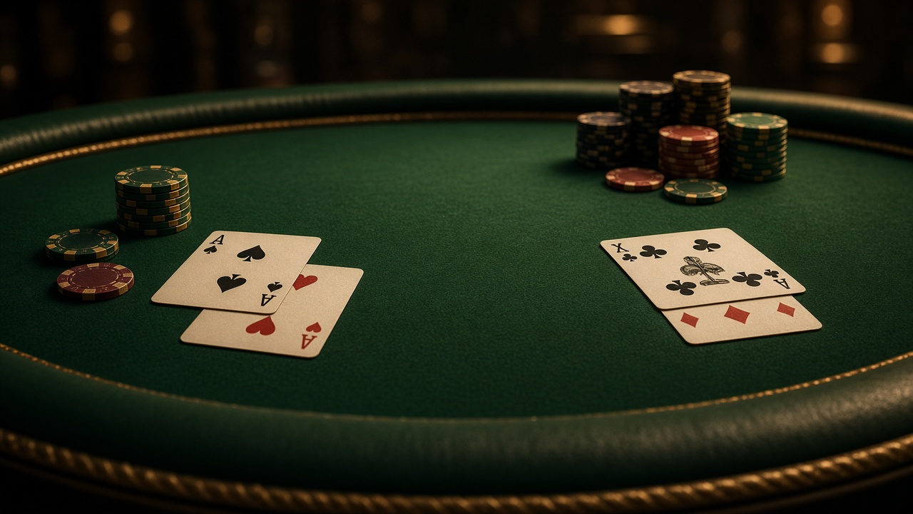Baccarat-style cards and chips on green felt