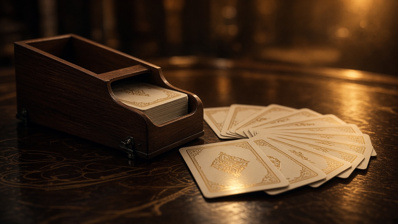 Wooden card shoe spreading cards on a luxury table