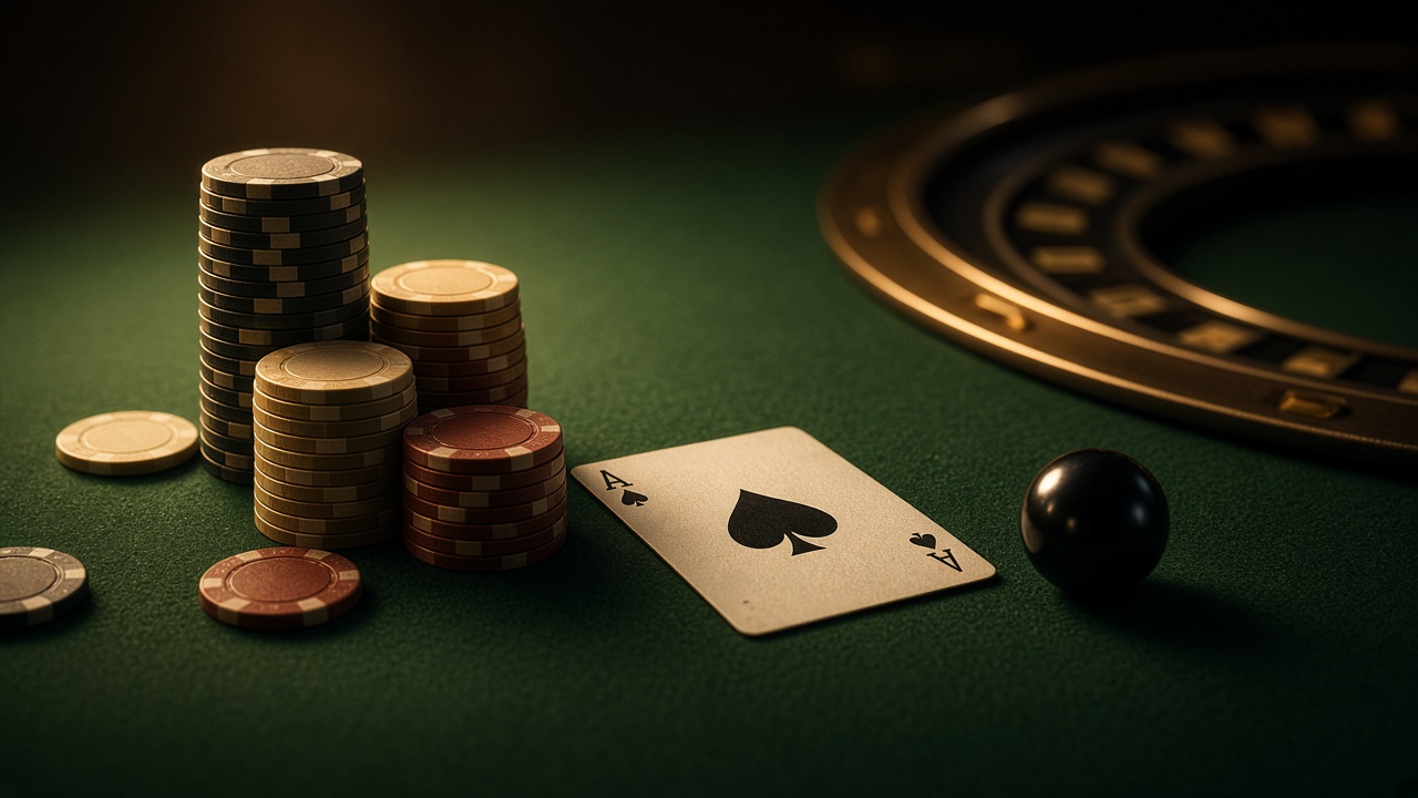 Classic chips, cards, and a roulette ball on green felt